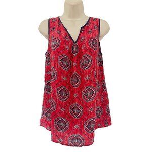 Lucky Brand Women's Sz S Red & Blue Sleeveless V Neck 100% Silk Trapeze Tank Top